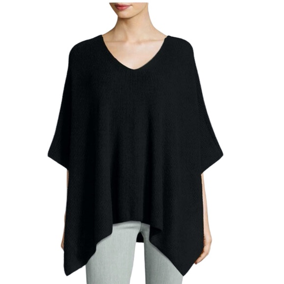 VINCE BLACK RIBBED KNIT CASHMERE SHORT SLEEVE V NECK PONCHO SWEATER - Picture 1 of 15